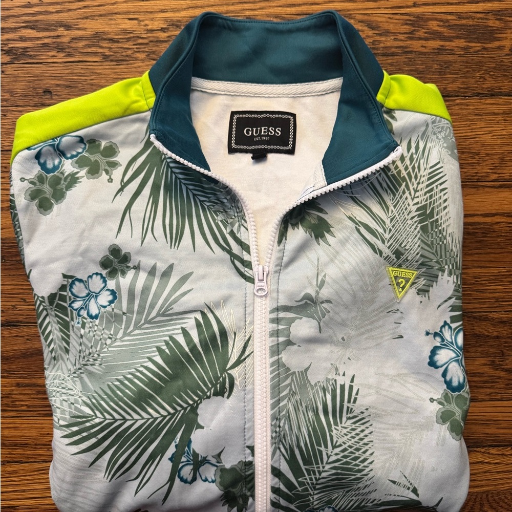 #606 GUESS Floral/ PALM PRINT WARMUP Jacket - Green and Blue - Picture 14 of 15